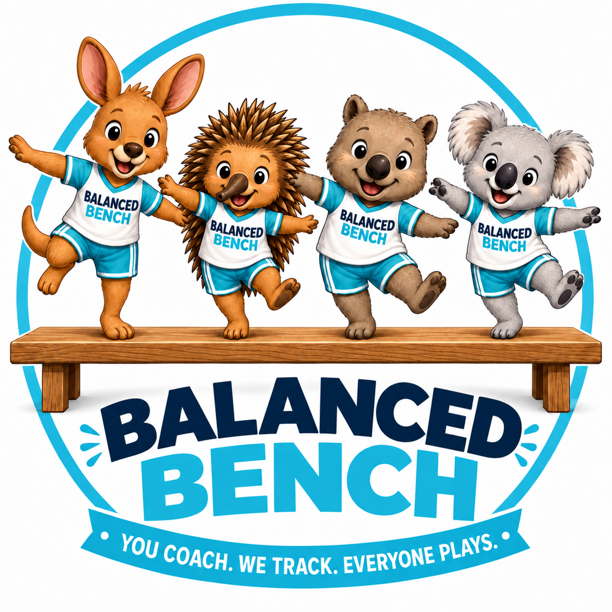 Balanced Bench app logo: kangaroo, echidna, wombat and koala on a bench