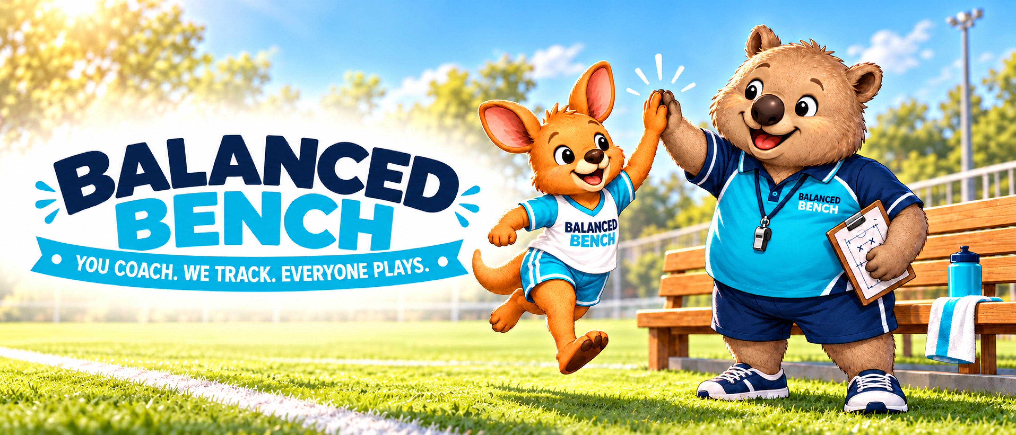 A young kangaroo player high-fives his wombat coach beside the bench. Balanced Bench: You coach. We track. Everyone plays.